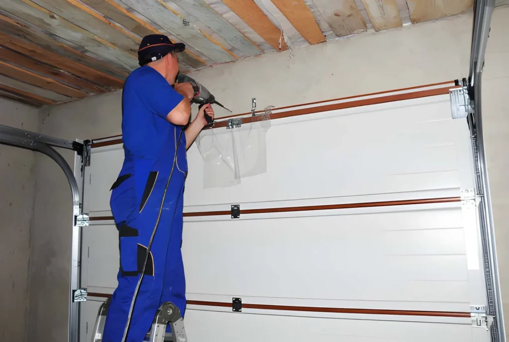 Expert installing modern opener system for Garage Door Repair in Mesa in Eastmark home garage