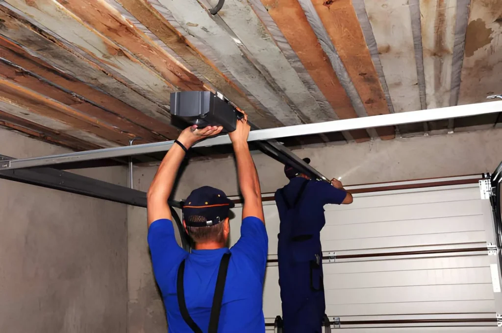 Garage Door Repair in Sun City showing expert repairing faulty garage door opener motor in suburban home